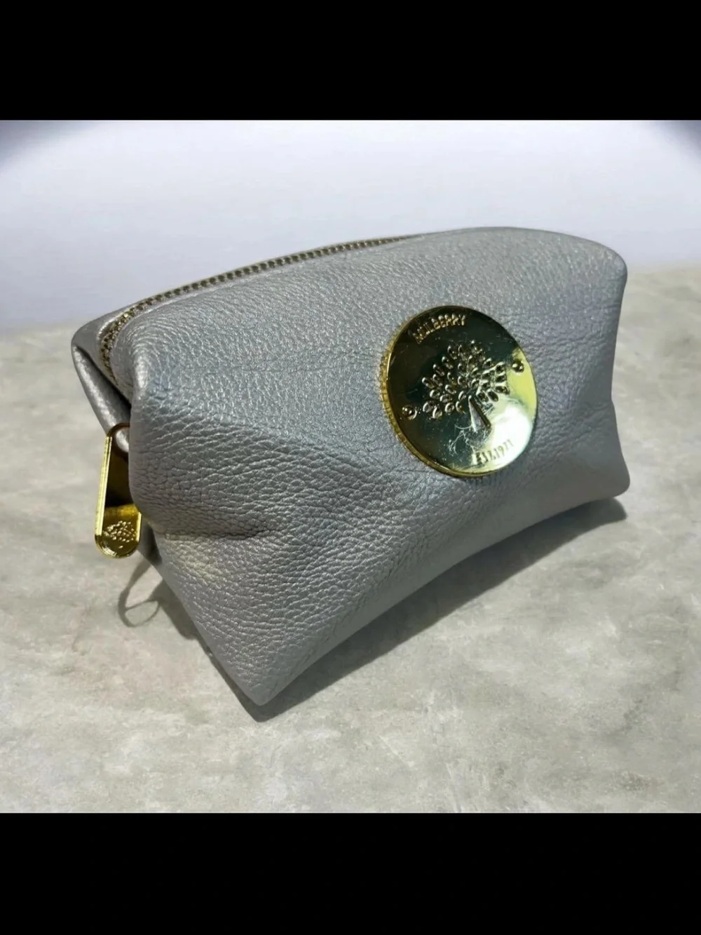 Mulberry Silver Leather Cosmetic Pouch with Gold Hardware